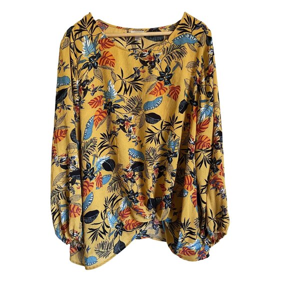 Avenue Size 26/28 Yellow Tropical Tunic Top Hawaiian Floral Twist Front - Picture 1 of 7